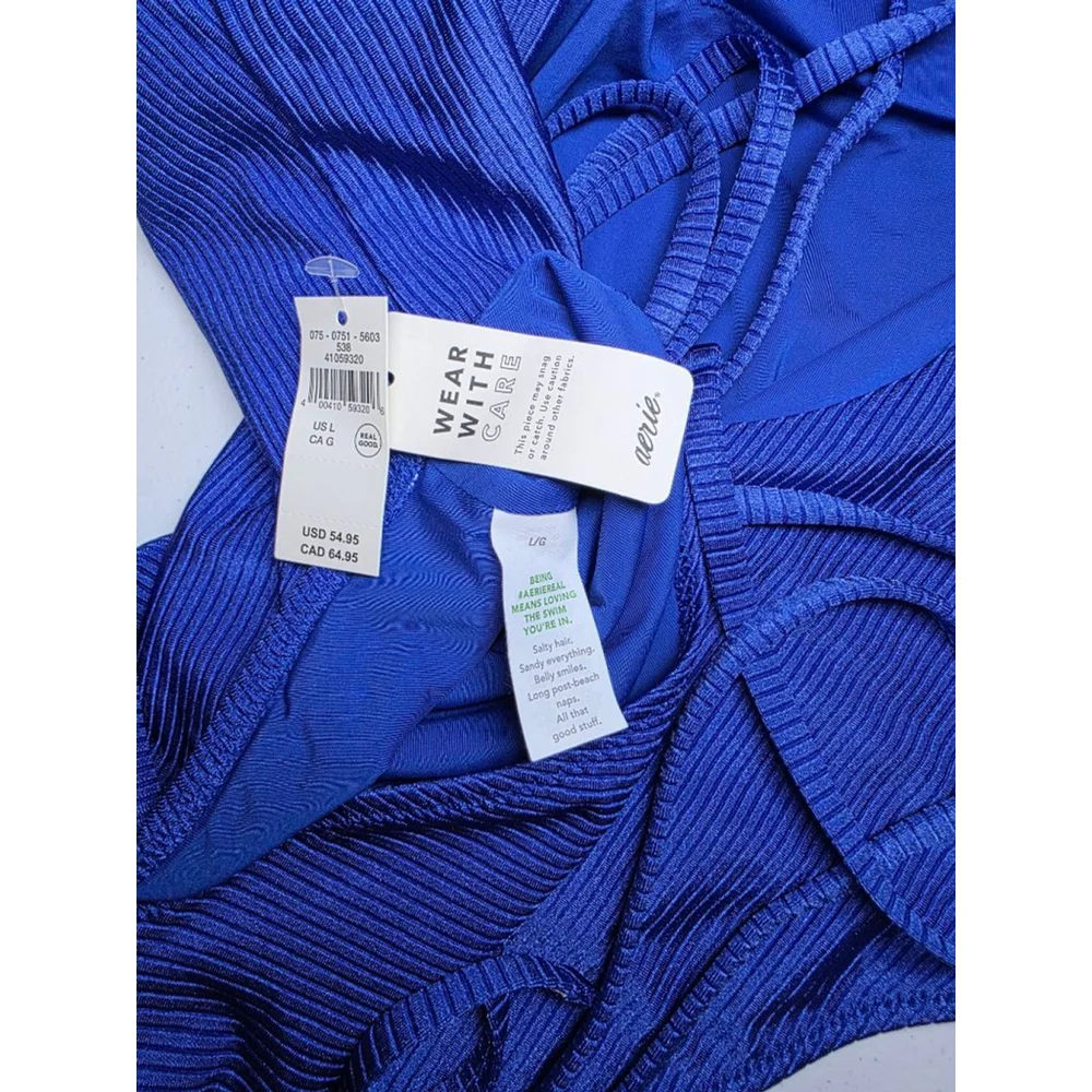 Aerie Blue Ribbed One Shoulder Wrap Tie One Piece Swimsuit NWT Size L